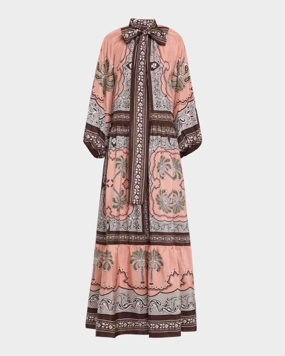 Athena Balloon-Sleeve Neck-Tie Silk Maxi Dress